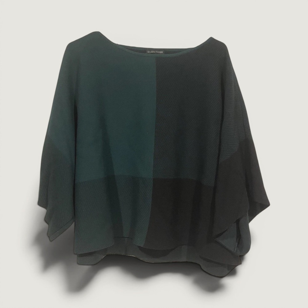 Eileen Fisher Sweater Womens Large Green Black Colorblock Boat Neck Lyocell